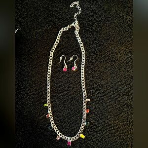 Colorful Gemstone Silvertone Necklace and Earring Set -Brand New